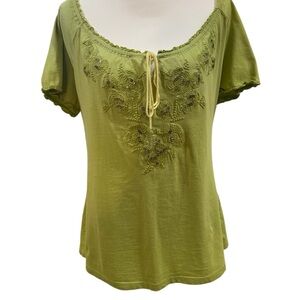 JM Collection pale green embroidered scoop neck top, silver accents, ruffles, S.